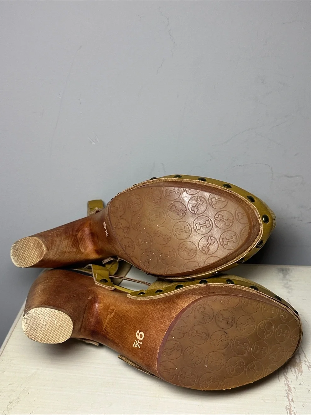 Flogg Women’s Mustard yellow leather suede wood Platform Mary Jane Heels
